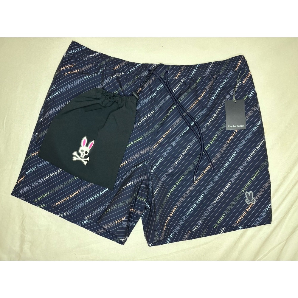 Psycho Bunny Size XL Navy Renmark PB All‎ Over Print Swim Trunk  & Wet Bag NWT
